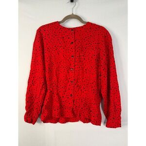 SK & Company Vintage Red Geometric Square Print Button Blouse 12 Red Long Sleeve